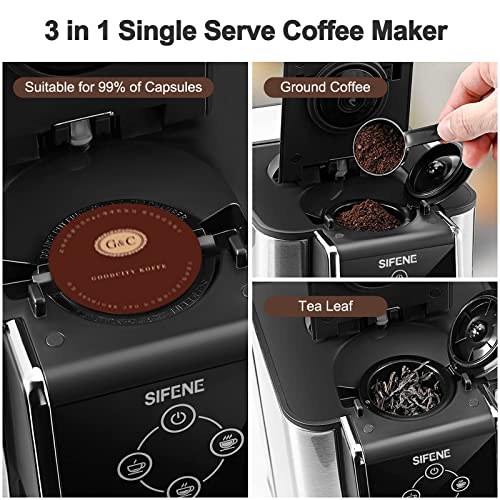 SIFENE 3-in-1 Single Serve Drip Coffee Maker, 1150W Compact Brewer for K-Cup Pods, Ground Coffee & Tea, 1.5L Removable Water Tank, Easy Clean, Auto Shut-Off, Stainless Steel, for Home Office Dorm by SIFENE - Image 3