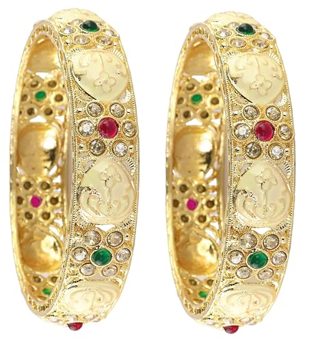 Image of NMII Traditional Gold Plated Metal Bangles Kada Set For Women & Girls With Zircon Diamond Stone | Women's Bangles | Premium Kada Set For Wedding, Party, Occasions Fashion Jewelry - Set Of 2