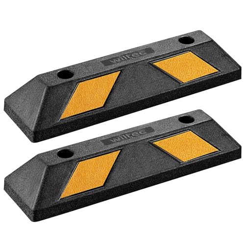 Image of Wiltec Rubber Wheel Stop 55 x 15 x 10 cm, X2 Parking Space Barriers with Yellow Reflective Strips & Parking Blocks Come with Screw Grooves