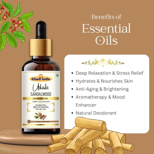 Image of Khadi Sandalwood Essential Oil 15ml | Pure Chandan Oil with Dropper for Skin Care, Hair Care, Bathing, Fragrance | For Stress Relief & Relaxation, Aromatherapy, Diffuser, Soap & Candle Making