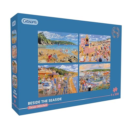 Gibsons Beside the Seaside 4 x 500 Piece Jigsaw Puzzle Set for Adults Four Charming Summer Seaside Scenes by Trevor Mitchell Family Beach Holiday Theme Premium MultiBox Puzzle Collection