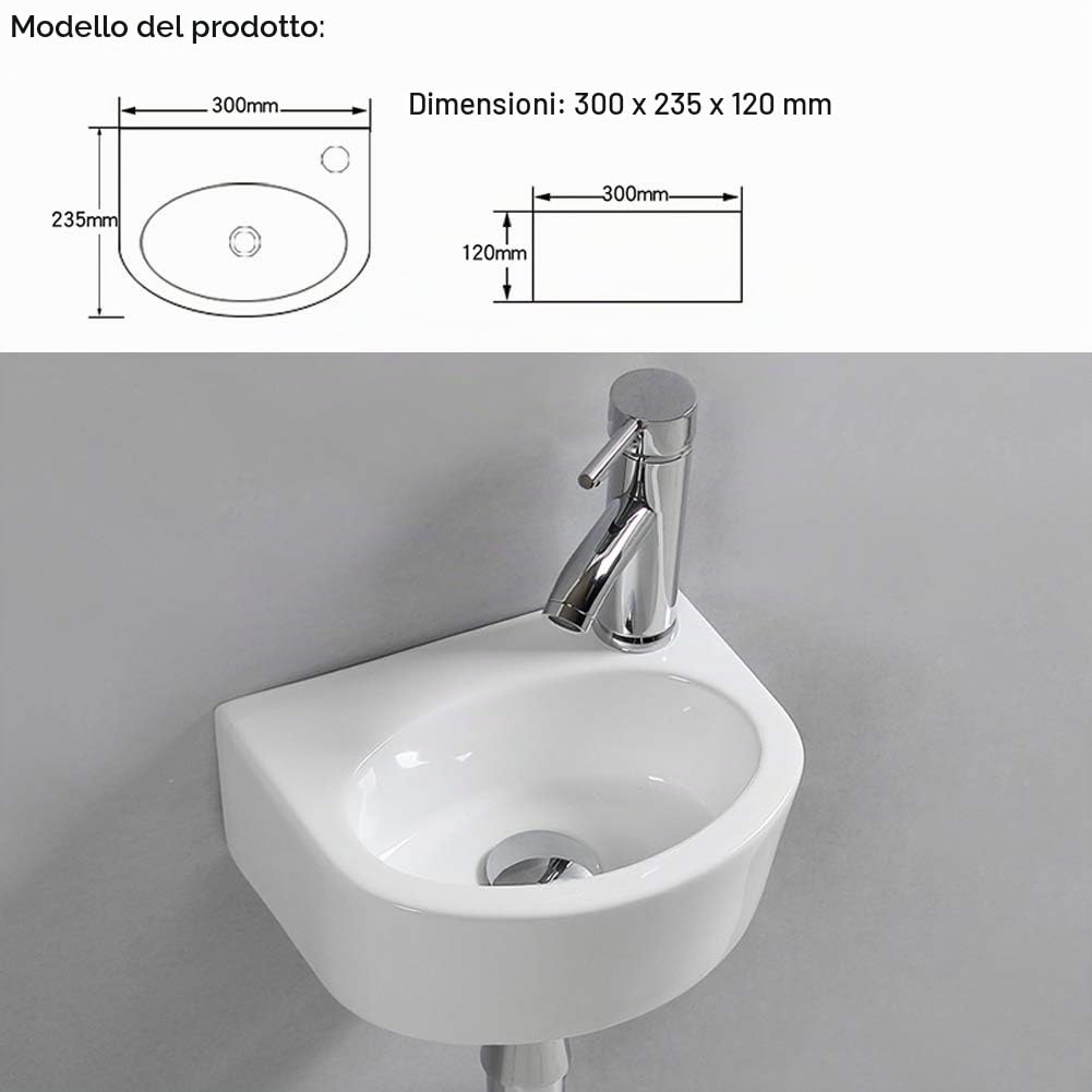 Lavabo lavandino ovale da parete in ceramica per piccolo guardaroba bagno (lato destro)