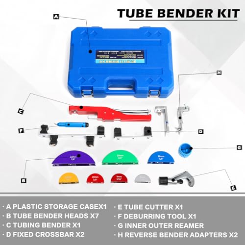 Image of Tube Bender Kit, for 1 /4 inch-7 /8 inch O.D. 90 Forward /Reverse Bending Ratcheting Tubing Bender Set, with 7 Heads,Deburring Tool,Inner Outer Reamer,for HVAC,Air Conditioning and Plumbing Repair