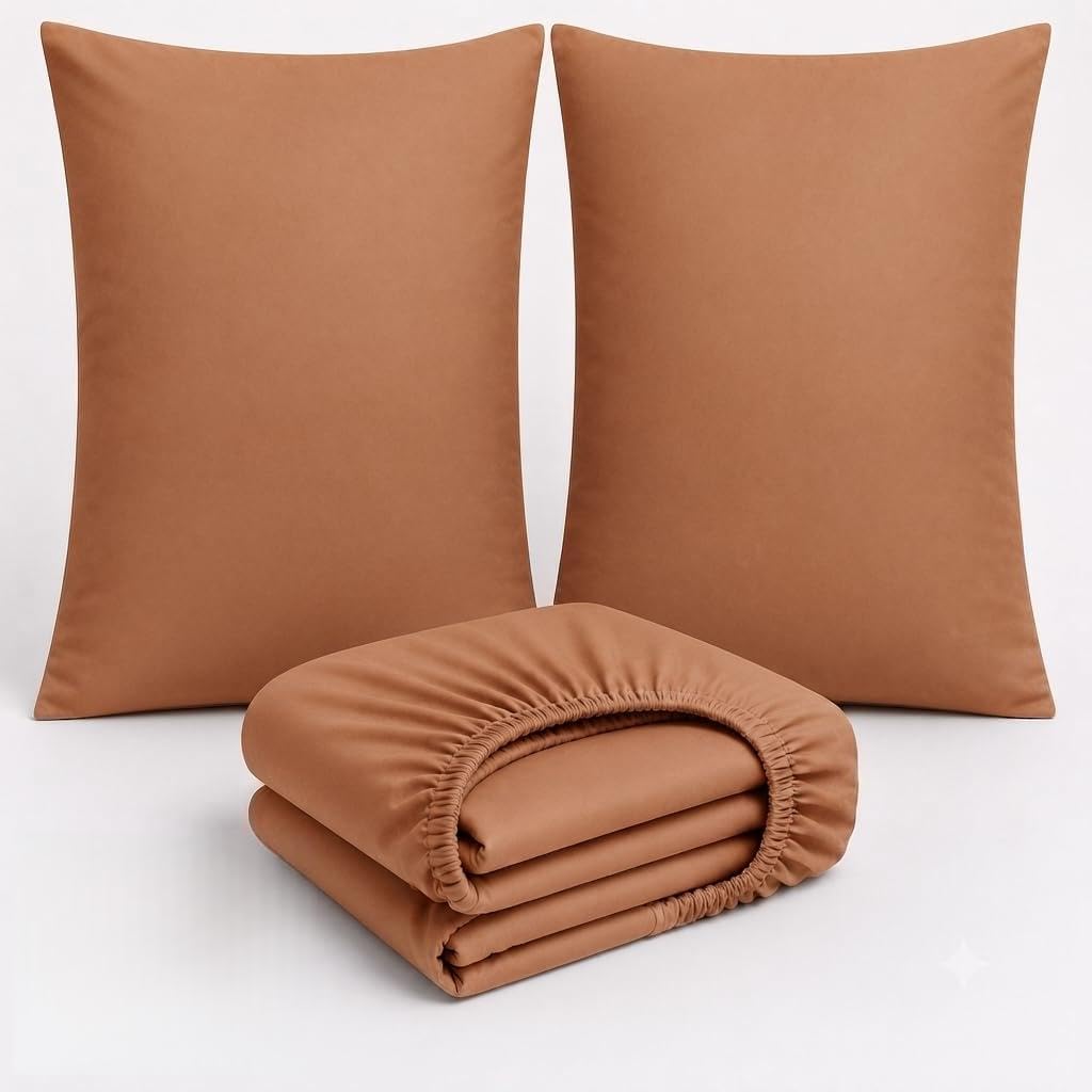 3 Piece Cotton Bedding Set UK – 200 Thread Count Deep Fitted Sheet 25cm with 2 Pillowcases, Soft Breathable Hotel Quality Bed Linen, Elasticated, Copper, Double