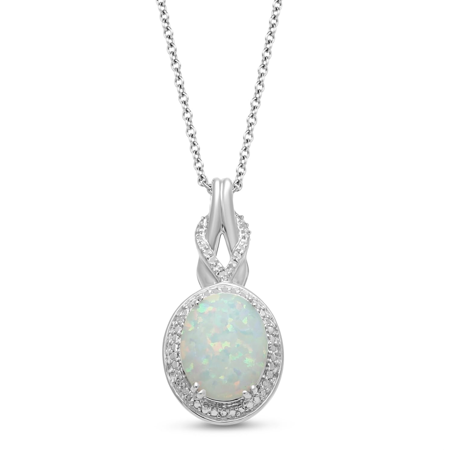 Jewelili Created Oval Opal Necklace Pendant for Women with Diamonds and October Birthstone in Sterling Silver 18" Rolo Chain