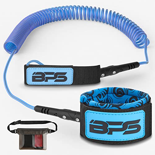 BPS 'Storm' Premium Coiled SUP Paddle Board Leash with Waterproof Waist Bag - 10 Foot Surfboard Leash with Triple Rail Savers and Double Stainless Steel Swivels (Koru Dark Blue)