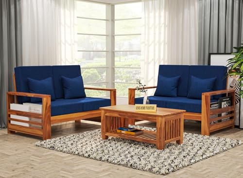 Image of Sheesham Wooden 4 Seater Sofa for Living Room | Rosewood 4 Seater Cushion Sofa with Side Rack | Solid Wood Sofa Set for Lounge (2+2,Honey Finish)