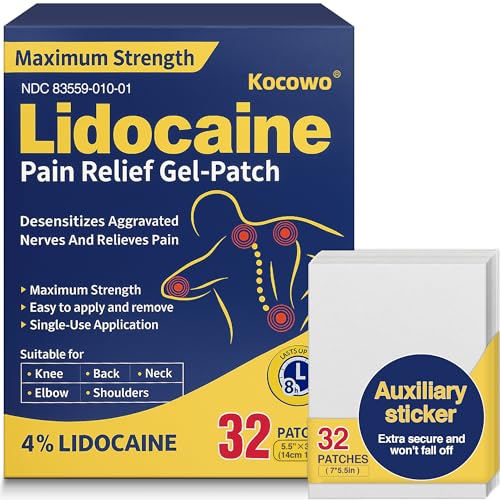 Kocowo 4% Lidocaine Maximum Strength Pain Relief Gel Patches with Auxiliary Patches for Neck Back Knee Joint Ache Muscle Soreness, 3.9” x 5.5”, 32-Count Box, NDC：83559-010-01