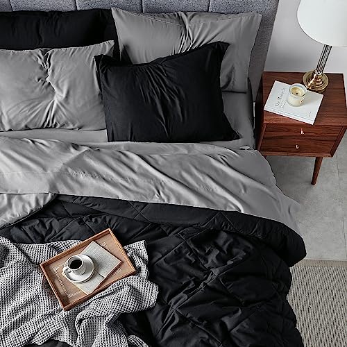 Image of Bedsure Twin XL Bed in a Bag Reversible 5 Pieces Black /Silver Grey | All inclusive, reversible tone, lightweight, gentlesoft, breathable, with sheets, bedding set, machine-washable