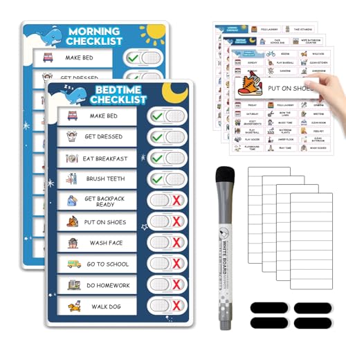 Image of 2 in 1 Upgraded Slider Morning /Bedtime Routine Chart for Kids Toddlers - Magnetic Kids Chore Chart for 2 Kids, Dry Erase Chore Chart for Kids, Visual Schedule for Kids with Cute Chore Stickers