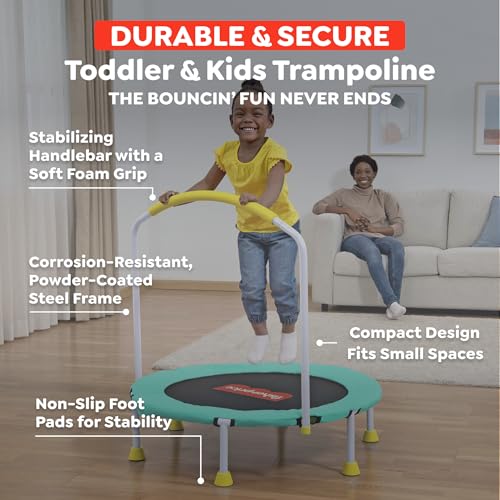 Image of Fisher-Price 3-Foot Mini Trampoline, WonderJump 36-Inch Round Indoor Toddler Kids Trampoline with Stabilizing Handlebar