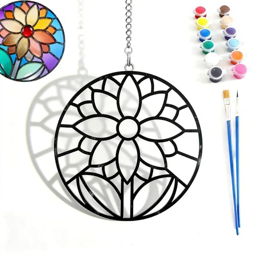 Art DIY Acrylic Stained Glass Flower Kit - Immersive Flow State Craft Suncatcher - Floral Window Hanging Ornament with Metal Chain, Paints & Brushes - Unique Handmade Art Gift (6.2" x 6")