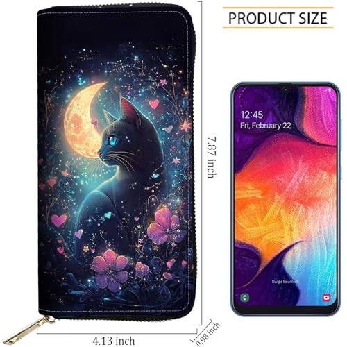 Image of RFID Blocking Leather Wallet for Women - Large Capacity Zip Around Clutch with 8 Card Slots,36 Cash Pockets & Coin Zipper,Cute Cat Flower Moon
