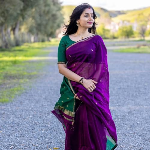 Image of Original Maheswari Cotton Silk Saree for Women | Kanjivaram Pure Silk Cotton Sari with Blouse | Zari Work | Tassels | Handloom Weave