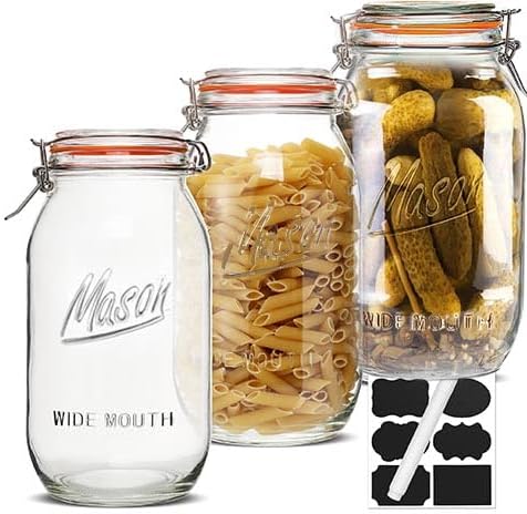Tarros Mason de medio galón, boca ancha de 64 oz, paquete de 3, tapa hermética con bisagras, sin BPA, apto para lavavajillas, para enlatar, encurtir, fermentar, almacenamiento en la cocina, café