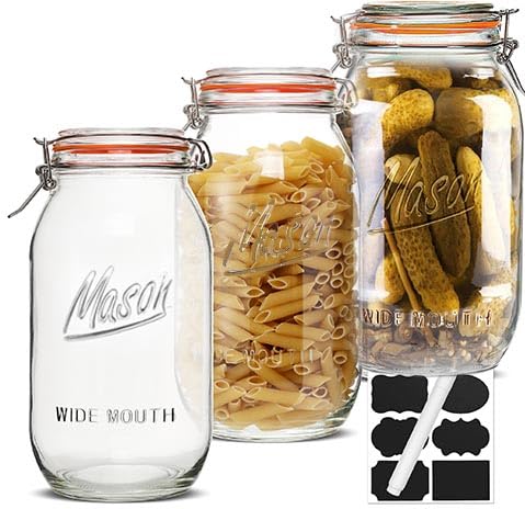 Qeisia Half Gallon Mason Jars 64 oz Wide Mouth 3 Pack, Airtight Hinged Lid, BPA Free, Dishwasher Safe, for Canning, Pickling, Fermenting, Kitchen Storage, Coffee by Qeisia - Used condition - US$29.44