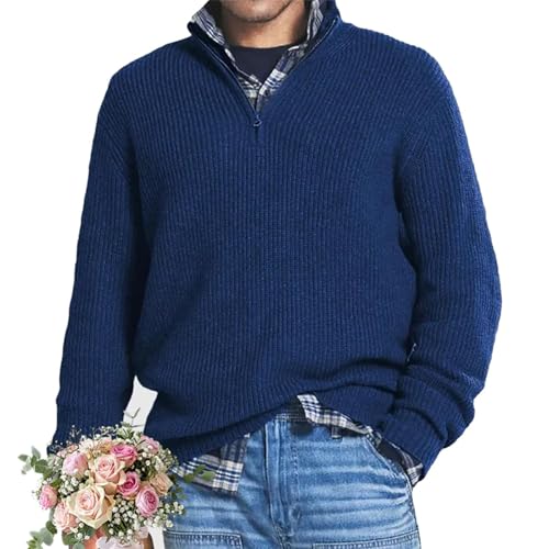 Men's Cashmere Business Casual Zipper Sweater, Mens Quarter Zip Pullover Sweaters Waffle Texture Mock Neck Polo Sweater - Main Image