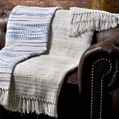 Plaid brodé à rayures couverture blanc beige 130x170 jeté de canapé - 2