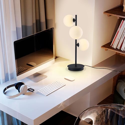 Image of Modern 3-Light Black Table Lamp with Milk Glass Globes, G9 | Matte black metal body, 3 milk glass globes, G9 sockets, modern accent lighting for nightstand, bedroom, study, living room
