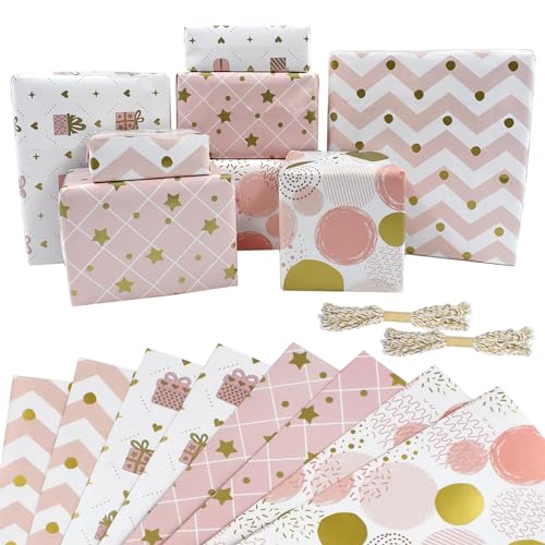 8 hojas de papel de regalo rosa de 50 x 70 cm, papel de regalo con cuerda, perfecto para cumpleaños, bodas, día de San Valentín y decoración de regalo del día de la madre.