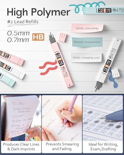 Nicpro 6PCS Pastel Mechanical Pencil Set with Case, Cute Drafting Pencils 0.5mm & 0.7mm with 6 Tubes HB Lead Refills, Erasers, Eraser Refills, Aesthetic School Supplies for Girls Drawing Sketching