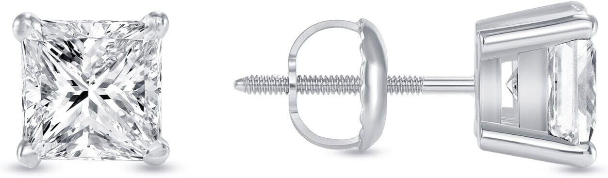Jewels Prim 1 Ct Princess-Cut Lab-Grown Diamond Earrings – 14K White Gold, F/VS Clarity, Basket Screw Back Setting