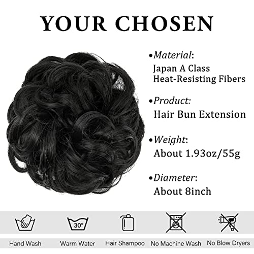 CJL HAIR Large Messy Bun Hair Piece Wavy Curly Scrunchies Synthetic Chignon Ponytail Hair Extensions Thick Updo Hairpieces for Women Off Black