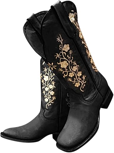 Amazon.com: Botas para mujer bordadas con punta cuadrada y tacón apilado  clásico : Ropa, Zapatos y Joyería