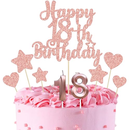 Gyufise 15Pcs Happy 18th Birthday Cake Topper Set with Heart Star Glitter Cheers to 18 Years Cake Picks Number 18 Candles Cake Decorations for Happy 18th Birthday Anniversary Party Supplies Rose Gold