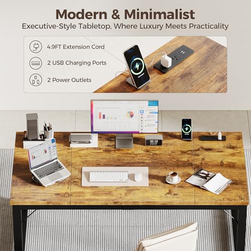 Image of Mericonia 63x28 Inch Computer Desk w /Power Outlets, 1.2 inch Thick Office Table | Modern Simple Style, Heavy Duty Industrial Frame, Large Study & Writing Table for Home Bedroom Work, Brown