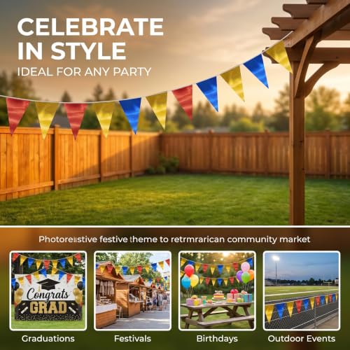 Image of 40M /130FT Gold Blue Red Triangle Pennant Banner Flag Metallic Fabric Bunting Garland for Christmas Graduation, Independence Day, 4th of July, Patriotic Themed Party Decoration