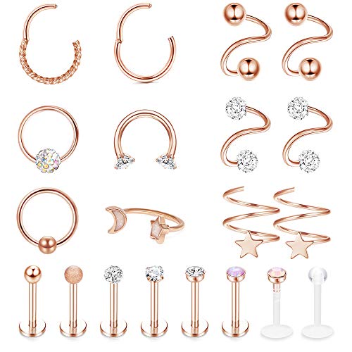 LOYALLOOK 20PCS 16G Forward Helix Cartilage Tragus Stud Earring Daith Hoop Eyebrow Lip Nose Septum Rings Hinged Clicker Segment Labret Studs Stainless Steel Monroe Piercing for Women Men