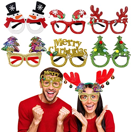 FUKPO 6 Pièces Lunettes Noel, Nouveauté Lunettes de Noël Lunettes de Fête de Paillettes de Noël Amusantes, Lunettes Sapin de Noel Joyeux Noël Lunette pour Adulte Enfants Lunettes Noel Cadre Cover