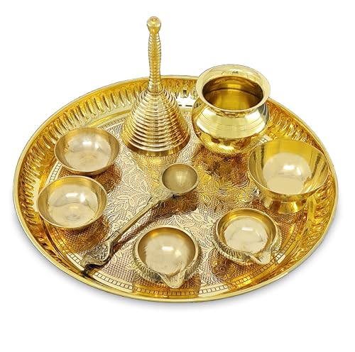 Image of BENGALEN Brass Pooja Thali Set 8 Inch Puja Thali with Pital Plate Kalash Chandan Vati Dhup Dan Kuber Diya Ghanti Palli Arti Thali for Diwali Home Office Mandir Wedding Return Gift Items