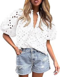 Women's Hollow Out Embroidered Blouse Short Lantern Sleeve V Neck Buttons Shirts Summer Tops