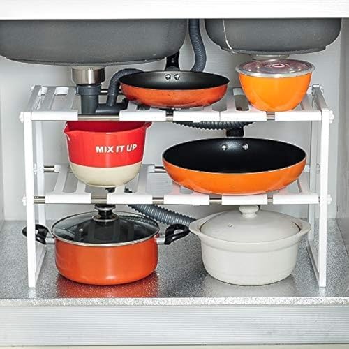 ABOUT SPACE Under Sink Storage Organizer Rack - 2 Shelves Stainless Steel Expandable Tawa Holder With Detachable Shelf & Rust Proof Steel Pipe For Kitchen (50cm to 70cm Adjustable Size) - Tiered Shelf