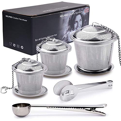 Tea Infusers for Loose Tea, 18/8 Stainless Steel Tea Infuser (1+2 Pack), Extra Fine Mesh Tea Ball Strainer Fliter, Reusable Steeper with Drip Trays and Extended Chain Hook