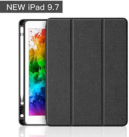 iVAPO iPad 9.7 Case Pencil Holder Adapter Slot Smart Cover for iPad 9.7 inch 2018/2017 Auto Sleep Wake Typing Viewing Tri-fold Stand PU Leather Case for iPad Gen 5th 6th Black Denim Leather