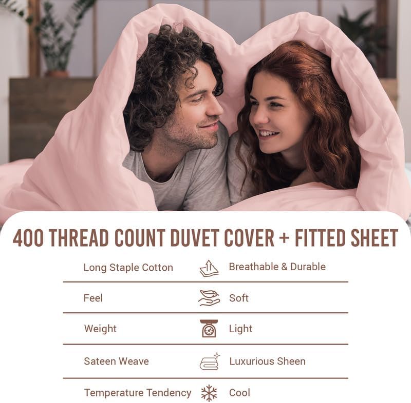 Miniatura 5 de Pizuna Juego de funda de edredón de 3 piezas de 100 % algodón, tamaño King + 1 sábana bajera de 400 hilos, tejido de satén rosa claro, lujoso juego