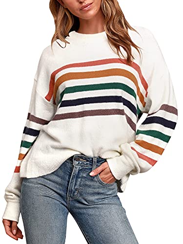 VONDA Jersey Mujer Invierno Casual Suéter Manga Larga Mujer Rayas Colors Cuello Redondo Abrigo Camiseta Mujer A-Blanco M Cover