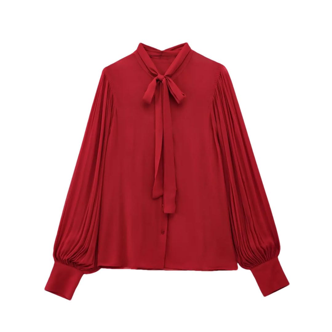 Elegancka bluzka damska z długim rękawem vintage bluzka czerwona kokardka bluzka, Czerwony, S