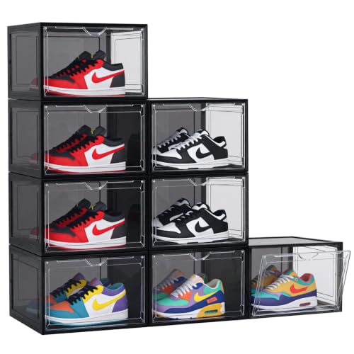 Large-Black-Shoe-Storage-Boxes-Stackable-8-Pack-Hard-Plastic-Shoe-Storage-Organizer-with-Magnetic-Door-Shoe-Container-Sneaker-Storage-Display-Case-Fit-up-to-US-Size-13-Black Large Black Shoe Storage Boxes Stackable, 8 Pack Hard Plastic Shoe Storage Organizer with Magnetic Door, Shoe Container Sneaker Storage Display Case Fit up to US Size 13 Black - Image 1