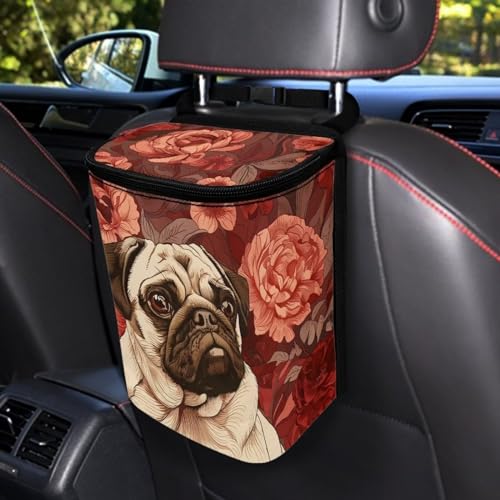 Image of Talayituse Pug Dog Flower Print Car Trash Can with Adjustable Straps, Foldable Car Trash Bag Bin Car Garbage Bag Multipurpose Storage Box for Vehicle Travel Camping Picnicing