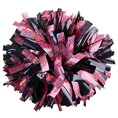 Gbateri 1 Pair 6" Holographic Cheerleading Pom Poms with Baton Handle, Cheerleader Pom Poms, Cheer Pom Poms, Cheering Pom Poms Cheerleading for Girls Adults Sports Team Spirit (Pink and Black)