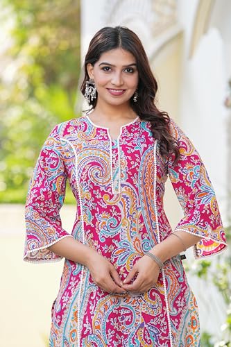 Image of Pistaa's Women Pure Cotton Paisley Printed A-Line Kurta with Pants Set