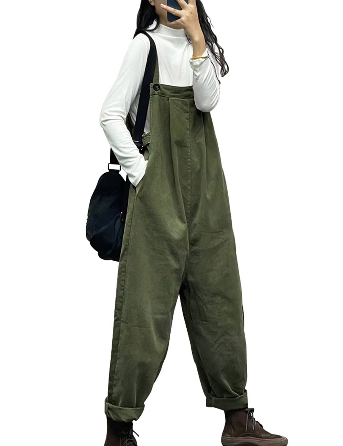 YESNOOveralls Women Plus Size Loose Fit Jumpsuits Adjustable Waist Casual Long Bib Pants Cotton Rompers with Pockets PQ1