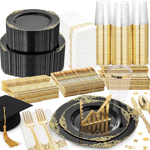 Nervure 350PCS Black Plastic Plates - Black Plastic Dinnerware Sets for 50 Guests - 100 Disposable Plates 150 Gold Silverware 50 Cups 50 Napkins for Wedding & Party & Graduation & Retirement