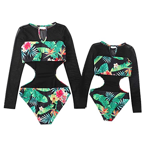 Mommy And Me Swimsuits For Women Girls Rash Guard Swimwear Family Matching Bathing Suits Mother Daughter Surfing Beachwear Mom And Baby Bikini Set Long Sleeve Sunsuit Outfit Black + Green Small #TOP5