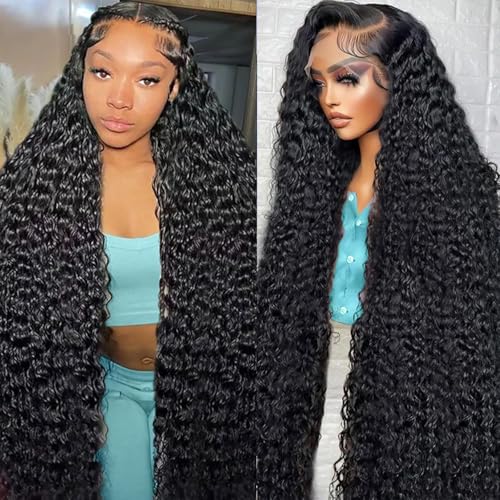 Image of Nsvnsv 13x6 Deep Wave Lace Front Wigs Human Hair Wigs for Women 180% Density HD Transparent Deep Curly Lace Frontal Wigs Human Hair Pre Plucked with Baby Hair Natural Color 40 Inch
