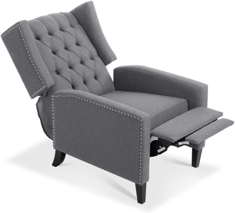 Arm Pushing Recliner Chair, Modern Button Tufted Wingback Manual Push Back Recliner Chair with Nailhead Trim & Wood Legs, Upholstered Living Room Chair Single Reclining Sofa Home Theater Seating Grey